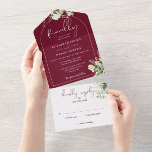 Endlich Goldene Bogen Burgunder Grünzeug Hochzeit All In One Einladung