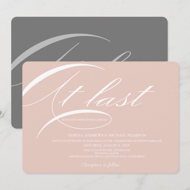 Endlich Kalligrafie Elegant Soft Pink Gray Wedding Einladung (Vorne/Hinten)