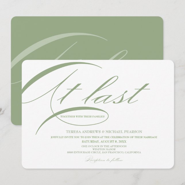 Endlich moderne Kalligrafie Hochzeit Grün Einladung (Vorne/Hinten)