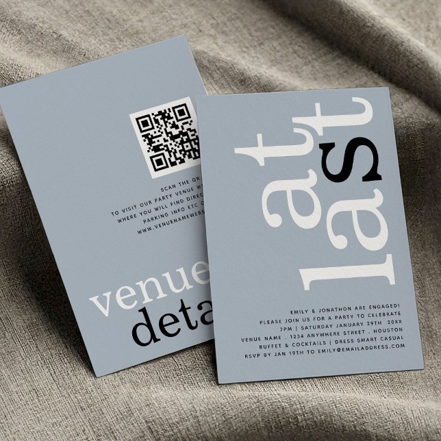 Endlich QR Code Dusty Blue Verlobung Einladung (front and back view)