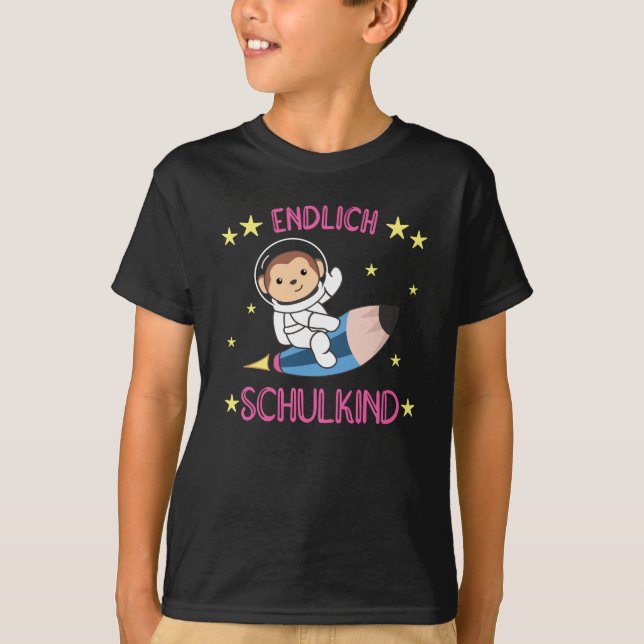 Endlich Schoolkind Monkey School Bag Astronaut T-Shirt (Vorderseite)