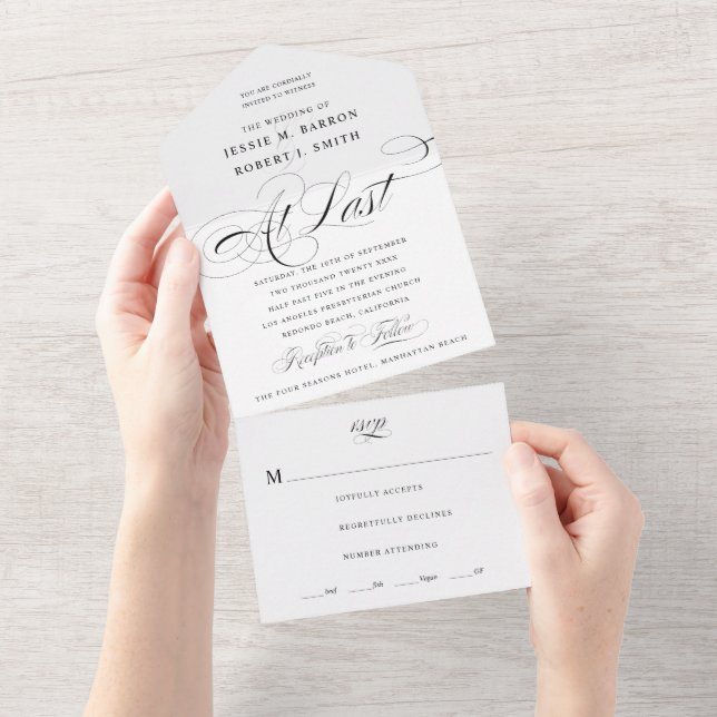 Endlich Schwarz-Weiß-Kalligrafie-Hochzeit All In One Einladung (Abreißen)