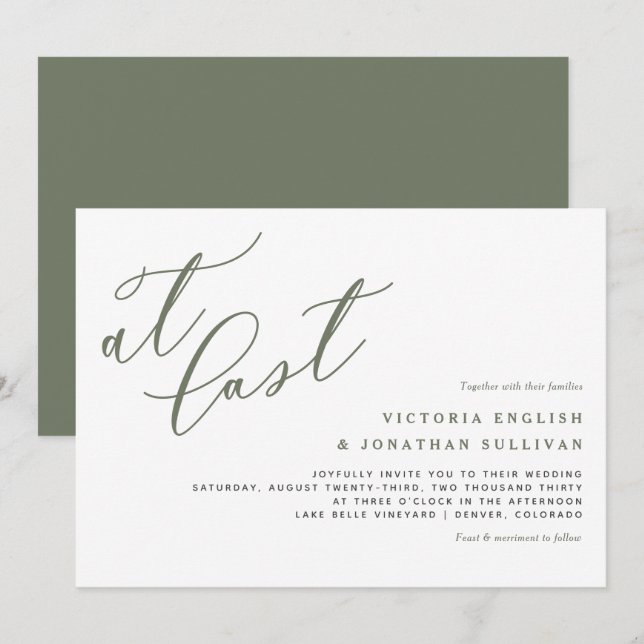 Endlich Taupe Green Modern Calligraphy Wedding Einladung (Vorne/Hinten)