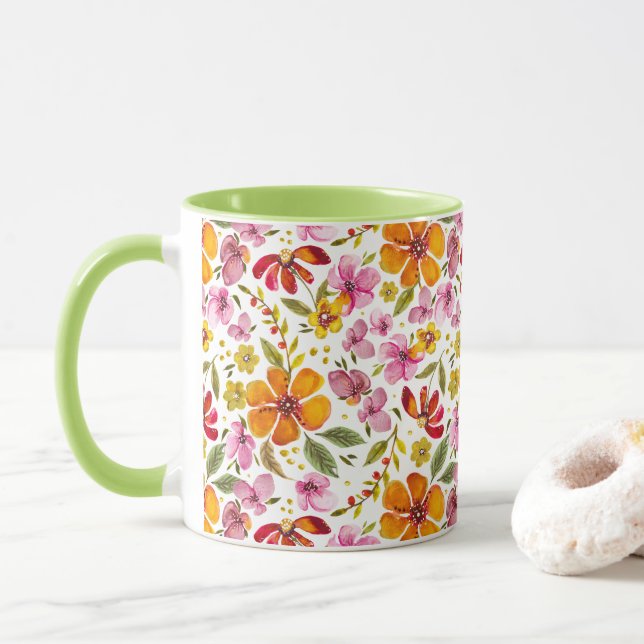 Endlich Wasserfarben-Blumen Frühling  Tasse (Mit Donut)