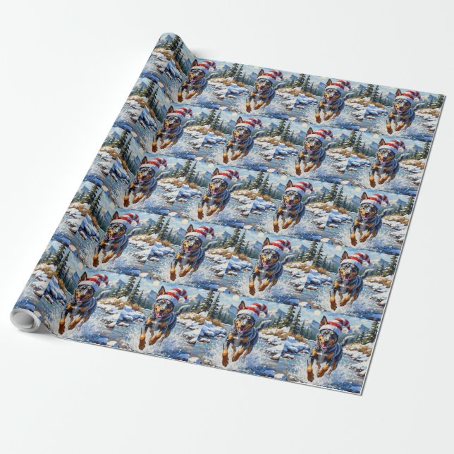 Energetic Blue Heeler Dog Winter Creek Christmas Geschenkpapier (Ungerollt)