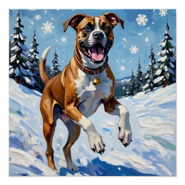 Energetic Boxer Dog Leaping in Winter Snow Fun Poster (Vorderseite)