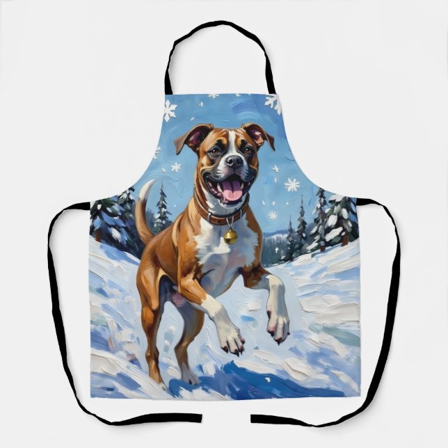Energetic Boxer Dog Leaping in Winter Snow Fun Schürze (Vorderseite)