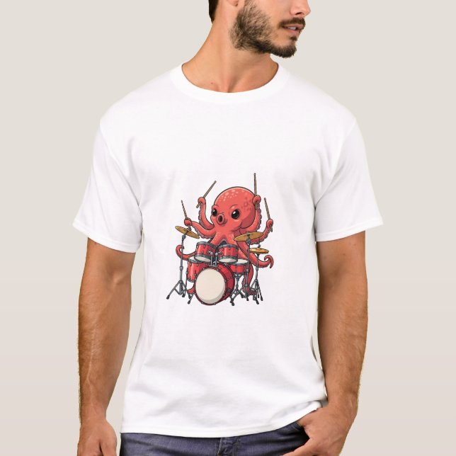 Energetic Red Octopus Drummer Multitasking T-Shirt (Vorderseite)