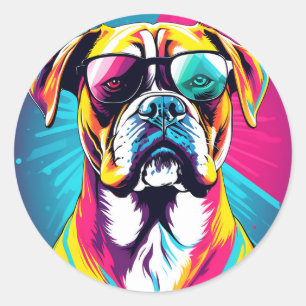 Energetischer Boxerhund mit Sonnenbrille Pop Art Runder Aufkleber