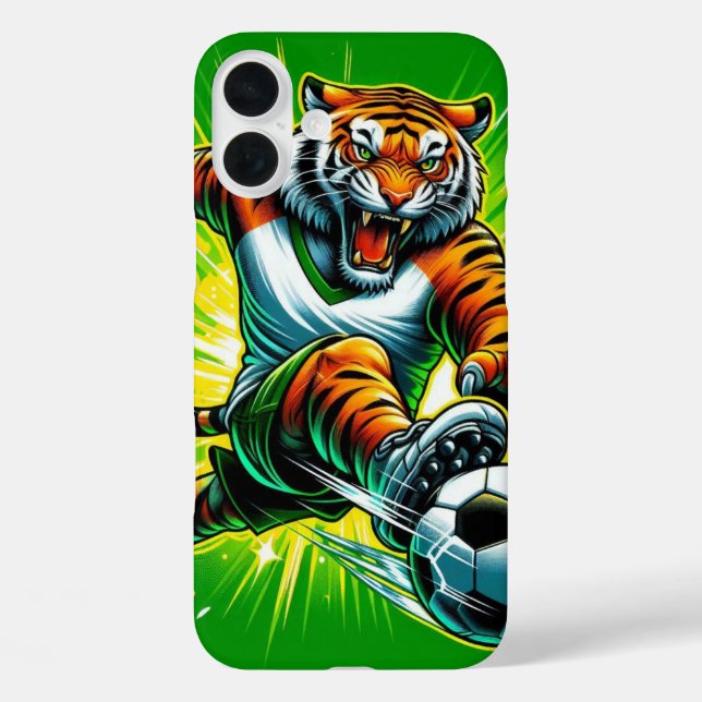 Energetisches Tiger-Spiel Fußball iPhone 16 Plus Hülle (Rückseite)