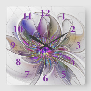 Energische, farbenfrohe abstrakte fraktale Blumenk Quadratische Wanduhr