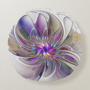 Energische, farbenfrohe abstrakte fraktale Blumenk Rundes Kissen