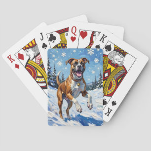 Energischer Boxerhund springt im Winterschnee Spaß Spielkarten