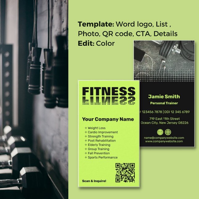 Energize Brand Lime Green & Black Personal Trainer Visitenkarte (Energize Brand Lime Green & Black Personal Trainer Business Card, List of Services, Word logo)