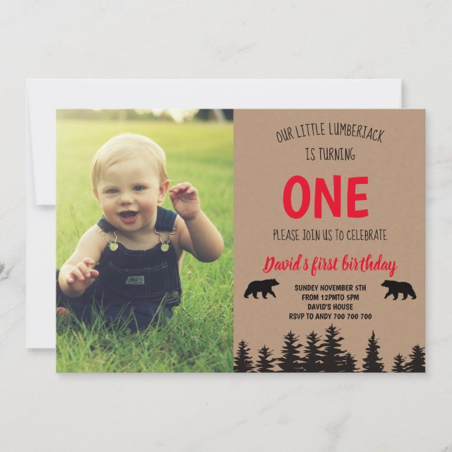 Enfant 1er anniversaire Photo Invitation Lumberjac (Devant)