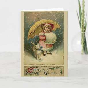 Enfant et chat victorien en neige Carte de Noël