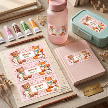 Étiquettes de nom rose pour enfants avec animaux m