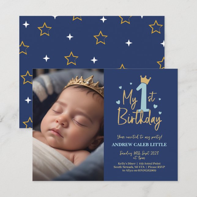 Enfant garçon 1er anniversaire invitation avec pho (Devant / Derrière)