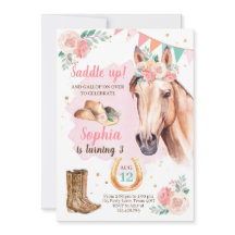 Enfant Invitation fille Cheval Rose Aquarelle