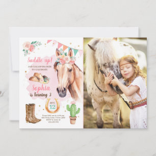 Enfant Invitation fille Cheval Rose Aquarelle