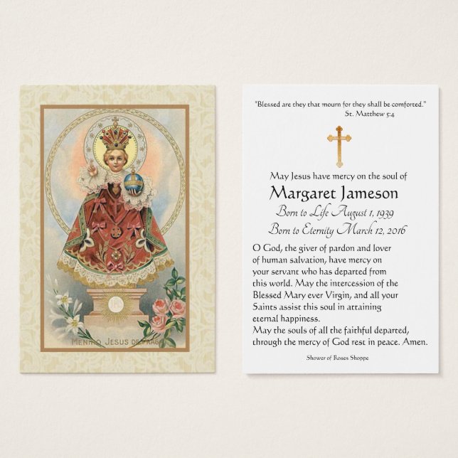 Enfant Jésus Prague Funeral Memorial Carte Sainte  (Devant & derrière)