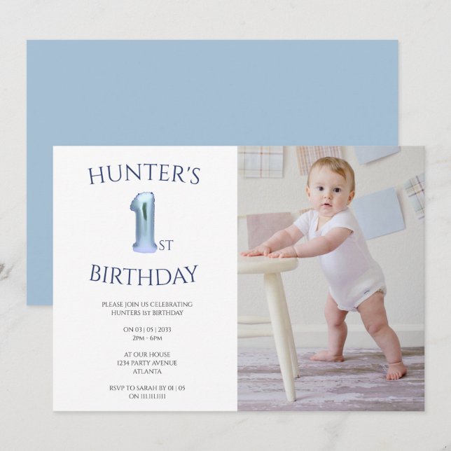 Enfants 1er anniversaire bleu photo invitation (Devant / Derrière)