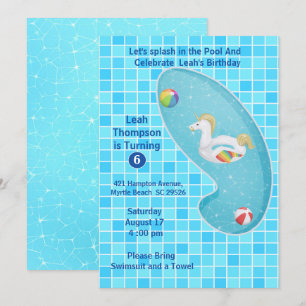 Enfants Blue Pool Party Unicorne Invitations Anniv