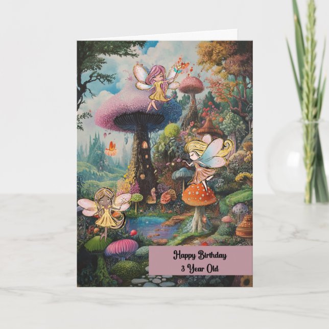 Enfants Carte d'anniversaire 3 ans Fille avec fées (Devant)
