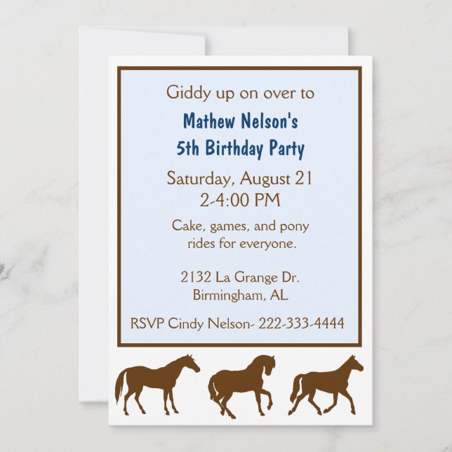 Enfants Chevaux Invitation Anniversaire (Devant)