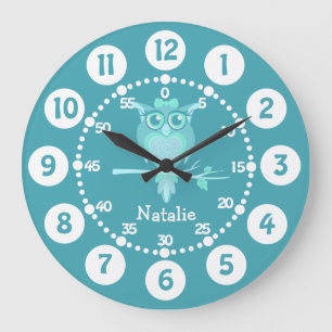 Enfants chouette hibou aqua bleu vert horloge mura