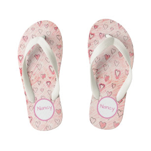 Enfants Coeurs rose et blanc avec nom Paire de tongs