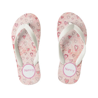 Enfants Coeurs rose et blanc avec nom Paire de tongs