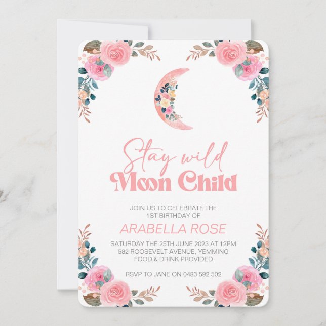 Enfants de Lune Rose Invitation Invitation d'anniv (Devant)