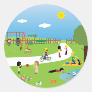 Enfants Et Animaux Jouant Dans Les Stickers Du Par