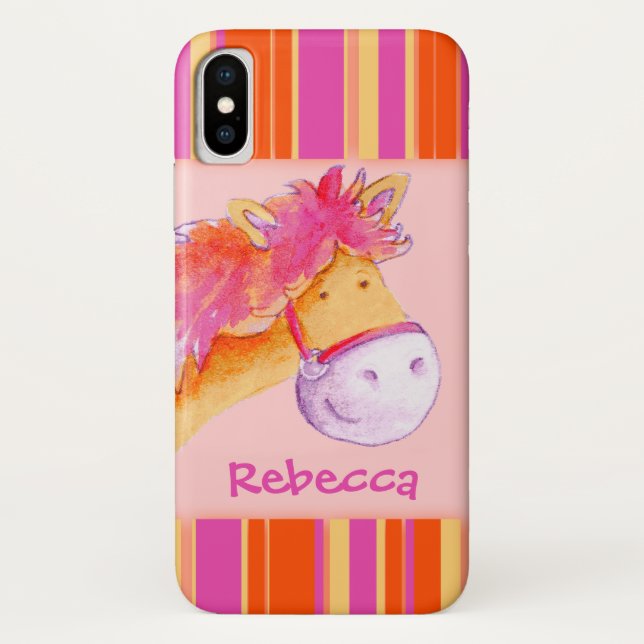 Enfants filles nommé coque iphone rose poney (Dos)