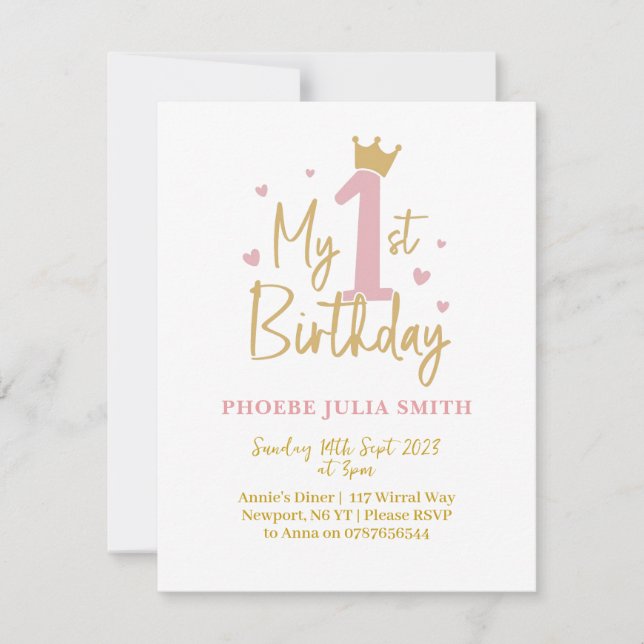 Enfants Filles rose 1er anniversaire Invitation (Devant)