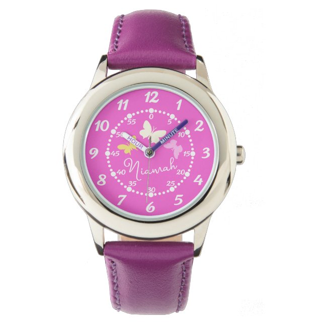 Enfants filles rose trois papillons et nom montre (devant)