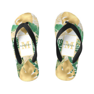 Enfants Gold Green Big Tropical Feuilles paire de tongs