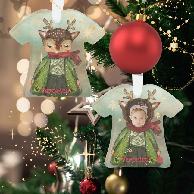 Enfants photo de cerfs peints à la main personnali (Custom Hand-Painted Deer Photo Kids Ornament)
