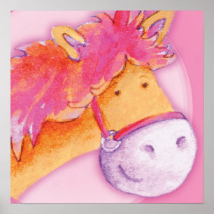 Enfants poney art rose et orange carré affiche imp