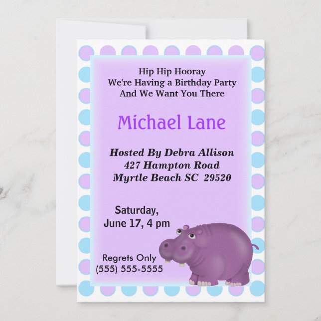 Enfants Purple Hippo Invitation Anniversaire (Devant)