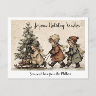 Enfants tirant un arbre Image de carte postale vin