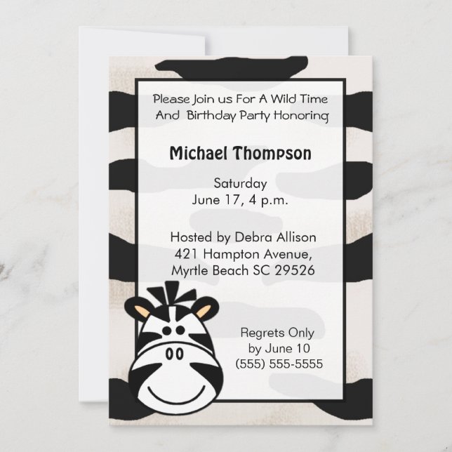 Enfants Zebra Anniversaire Fête Invitation (Devant)