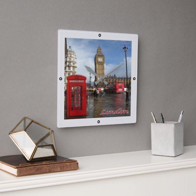 ENG063 LONDON BIG BEN, Doppeldecker Bus, Square W Quadratische Wanduhr (Büro)