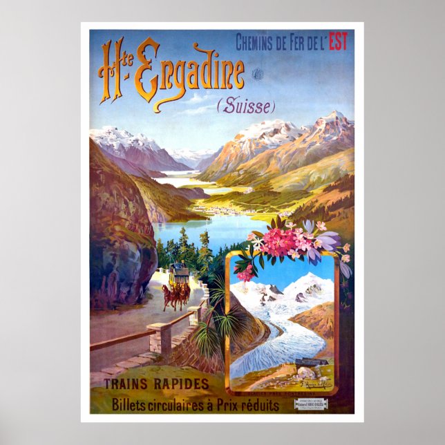 Engadin, Schweiz, Landschaft und Bergstrasse Poster (Vorne)