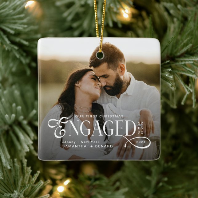 Engaged Couples 2 Photos Stylish First Christmas Keramikornament (Baum)