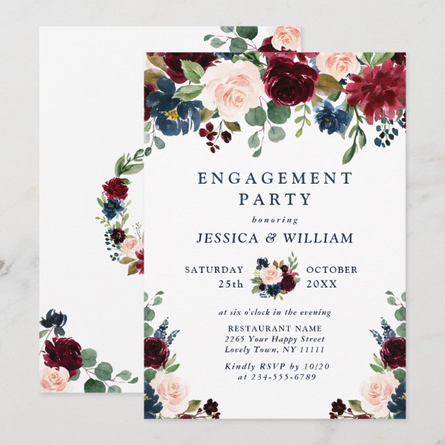 ENGAGEMENT PARTEI "Burgund Navy Blush Blume" Einladung (Vorne/Hinten)