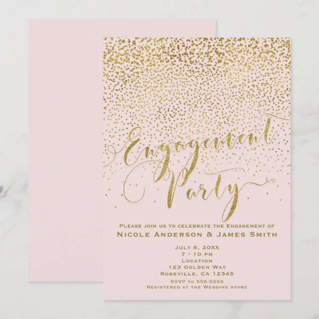 ENGAGEMENT PARTEI Dusche Rosa & Gold Confetti Einladung (Vorne/Hinten)