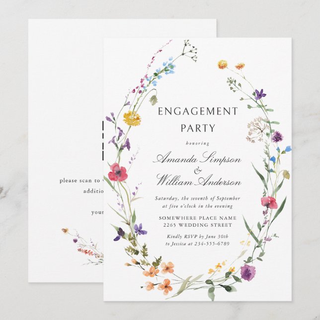 ENGAGEMENT PARTEI "Elegante Watercolor Wilde Blume Einladung (Vorne/Hinten)