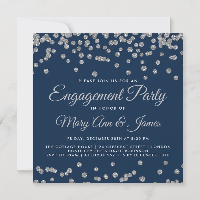 Engagement Partei Silver Glitzer Confetti Navy Bla Einladung (Vorderseite)